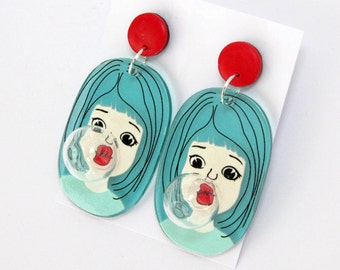 Bubble Gum Girlface, funky comic polymer clay and acryl earrings with stainless steal earstuds, big tourquoise dangle earrings