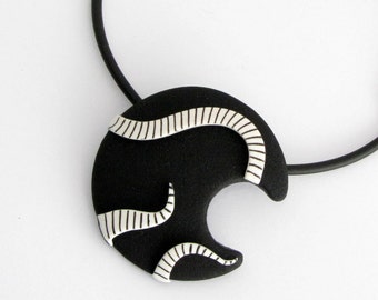 Whimsical polymer clay necklace in black and white, unique polymer clay, fimo, handmade gothic necklace