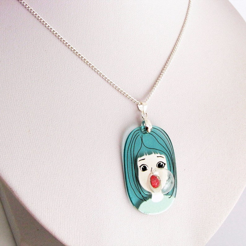 Bubble Gum Girlface funky comic acryl silver necklace, big tourquoise red woman image 5