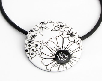 Modern flower necklace, unique polymer clay jewellery, Fimo necklace, ceramic jewelry, big light flower Statment on a rubber cord