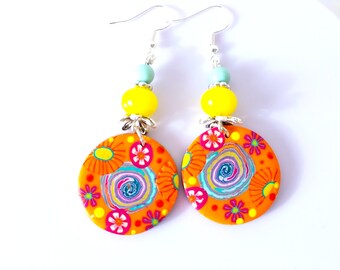 Colorful orange long polymer clay earrings with sterling silver hooks, summer dangle earrings