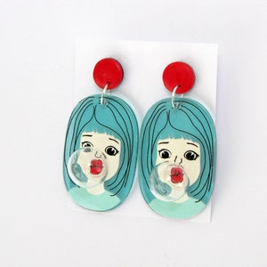 Bubble Gum Girlface funky comic acryl silver necklace, big tourquoise red woman image 6