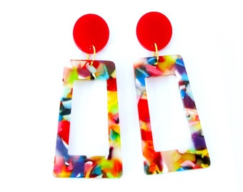 Big acryl colorful dangle summer earrings, long summer Statment acetat earstuds