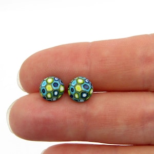 Mini Round Colorful Stud Earrings, stainless steel, earstud with handmade polymer clay klimt design, fimo earrings,  blue small studs