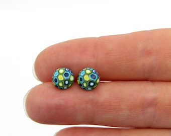 Mini Round Colorful Stud Earrings, stainless steel, earstud with handmade polymer clay klimt design, fimo earrings,  blue small studs