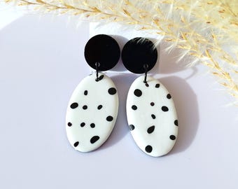 Funny white black dots earrings with stainless steel earstuds and handmade polymer clay