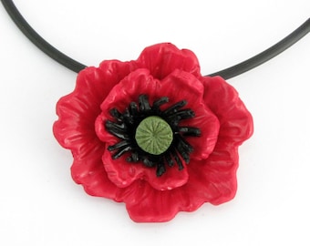 Red Poppy Flower necklace, unique polymer clay jewellery, red millefleur, millefiori, fimo, ceramic jewelry, big floral statment, flower