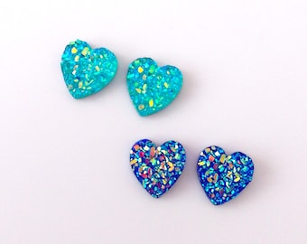 Blue turquoise glitter heart stud earrings handmade acryl Drusi