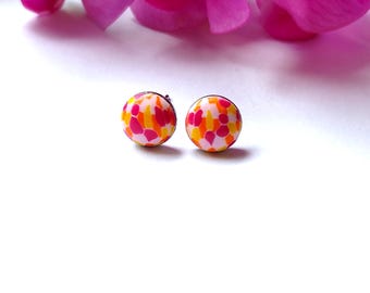 pink red orange stud earrings, stainless steel earstud with handmade polymer clay