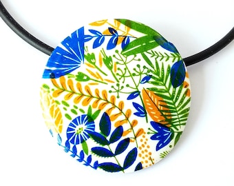 Modern plant garden necklace from unique polymer clay, ceramic jewelry,  flower Statment on a rubber cord