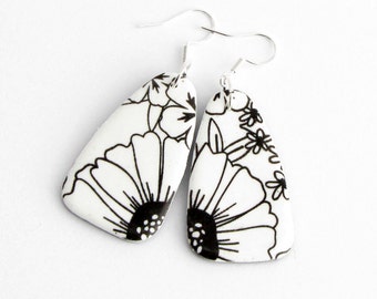 Flower earrings black white handmade polymer clay on sterling silver hooks, ceramic dangle earring woman