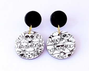 Handmade Cat Polymer clay earrings with stailess steel studs, ceramic dangle kitty earring, black and white