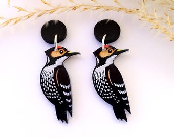 Woodpecker acryl earrings in black, grey and white, dangle statment earring