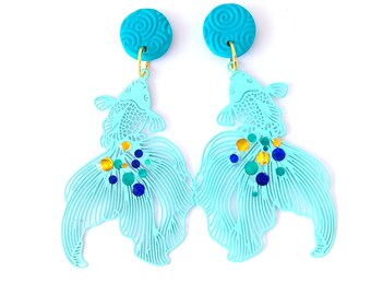 Tourquoise Koi Fish glitter tail and stainless steel studs, long dangle goldfish earrings