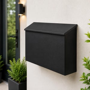 Large Locking Wall Mounted Mailbox, Black Metal Outdoor Mail Box with Key Lock, Secure Steel Drop Box for Letters & Packages 15.7 Inch