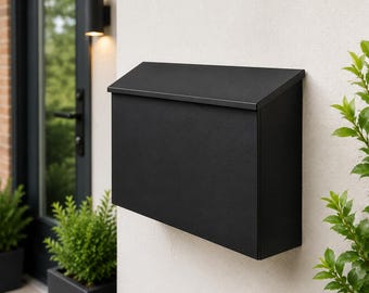 Large Locking Wall Mounted Mailbox, Black Metal Outdoor Mail Box with Key Lock, Secure Steel Drop Box for Letters & Packages 15.7 Inch