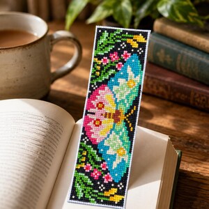 Handmade Moth Cross Stitch Bookmark, Colourful Woodland Page Marker, Cottagecore Gift for Readers