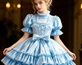 Vestido de sirvienta azul de satén con mangas abullonadas.