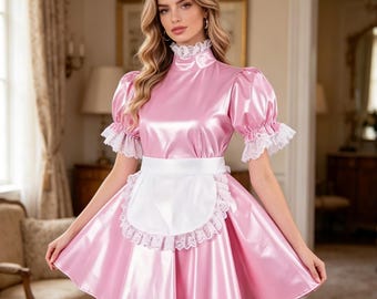Vestido rosa de sirvienta con cierre, vestido de satén francés