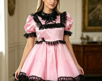 Vestido de sirvienta rosa de satén con mangas abullonadas, estilo gótico, dulce, para cosplay, personalizable.