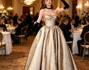 Vestido de gala victoriano dorado, estilo princesa rococó, para noche, personalizable.