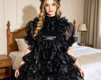 Vestido gótico de sirvienta negra con mangas abullonadas con cierre, personalizable.