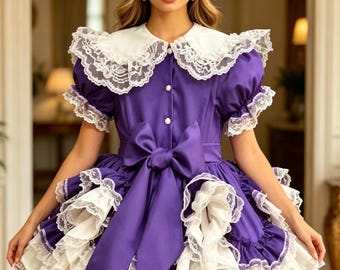 Vestido de sirvienta Lolita dulce morado con cuello de encaje personalizable