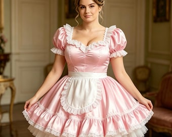 Disfraz de sirvienta francesa, vestido de fiesta de satén con volantes y encaje negro y rosa, cosplay de Halloween