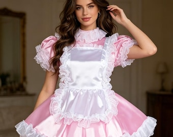 Vestido de sirvienta rosa de satén con delantal blanco. Con cierre, personalizable.