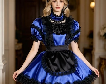 Vestido de sirvienta gótico de satén azul y negro con mangas abullonadas.