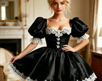 Vestido de sirvienta sissy negro con estampado gótico lolita. Mangas abullonadas personalizables.