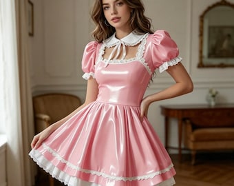 Vestido de sirvienta francesa de PVC rosa estilo sissy gótico para cosplay de travestismo