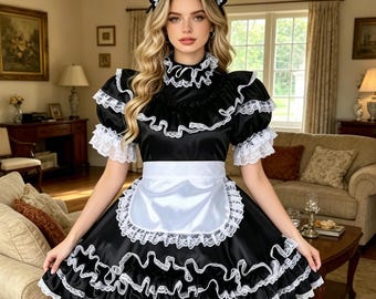 Disfraz de sirvienta travesti sexy para adultos, vestido de satén negro con cierre, uniforme con delantal blanco.