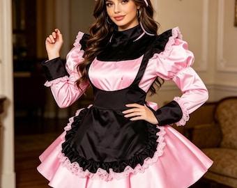 Vestido de sirvienta de satén negro y rosa con ribete de encaje y mangas abullonadas. Personalizable y con cierre.