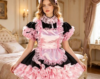 Vestido corto de satén negro sexy para adultos, estilo sissy travestismo, con cierre de organza rosa. Uniforme.