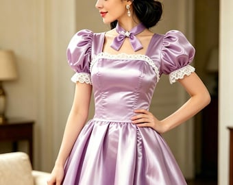 Vestido morado de satén con ribete de encaje, estilo Lolita con mangas abullonadas, personalizable.