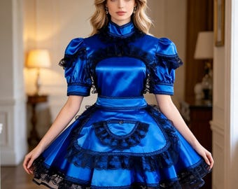 Vestido de sirvienta azul satinado con cierre y encaje negro