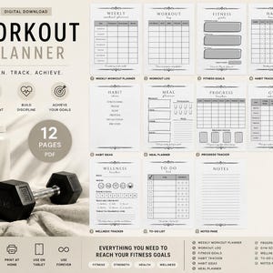 Pode incluir: Um planejador de treino digital com 12 páginas, incluindo um planejador de treino semanal, um rastreador de hábitos e um planejador de refeições. A imagem também apresenta uma garrafa de água e um haltere de 10 kg. O planejador ajuda a atingir metas.