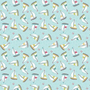 May include: A seamless pattern featuring a repeating design of sailboats on a light blue background. The sailboats are white with red, green, and yellow accents. The background is dotted with small white circles.