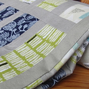 May include: A gray, green, blue, and white patchwork quilt with a floral pattern and the text "Melanie Vincent" on the bottom left corner.