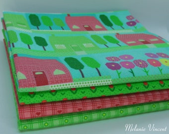 Patchwork Home by Melanie Vincent / 4 fat quarters on 1 metre / patchwork quilting fabric / cute house garden in vibrant colours