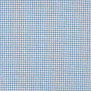 May include: A blue and white gingham fabric with a fine checkered pattern.