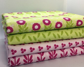 Blossom by Melanie Vincent / fat quarter bundle / patchwork quilting fabric / vibrant pink / lime green / floral petals flowers