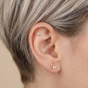 May include: A pair of gold-toned earrings, each featuring a crescent moon shape accented with two small, clear, round-cut stones. One earring is positioned in the earlobe, while the other is placed in the upper cartilage area of the ear.