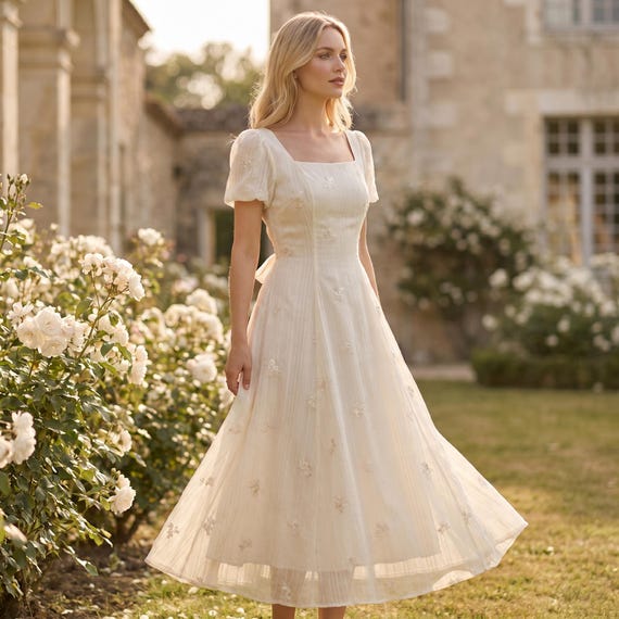 Cream Floral Embroidered Midi Dress, Romantic Cottagecore Square Neckline Summer Dress