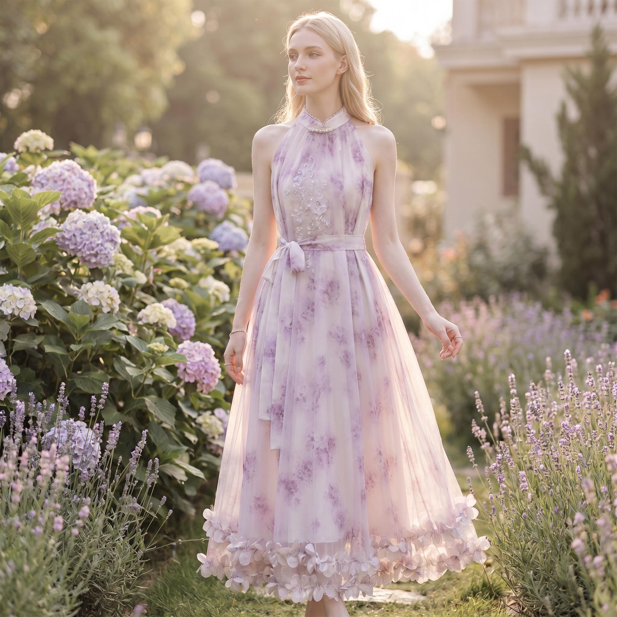 purple floral halter neck bodycon midi dress Dress, Neck, Watercolor, 3D Petal Hem, Summer Garden Party Gown Sleeveless