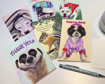 Animal Postcard Set, Original Artwork, Greeting Cards (4 or 6 Pack)