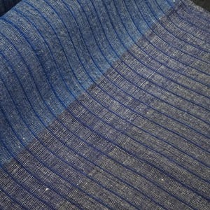 Könnte beinhalten: Ein gefaltetes Stück Stoff mit einem vertikalen Streifenmuster in verschiedenen Blau- und Hellblautönen. Das Textil weist eine sichtbare Webstruktur mit einem durchgehend gleichmäßigen Rippenmuster auf, das einen klaren Kontrast zwischen den Blautönen zeigt.