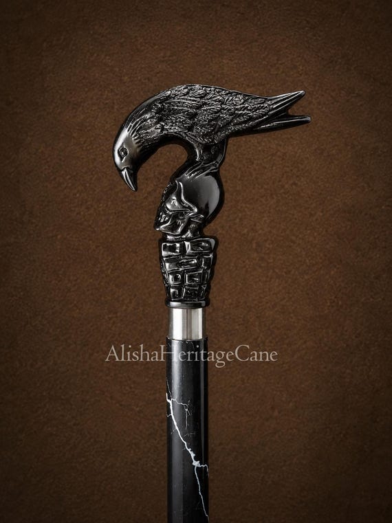 Raven Brass Handle Walking Cane: Gothic Steampunk Wooden Walking Stick - Gentlemen Gift
