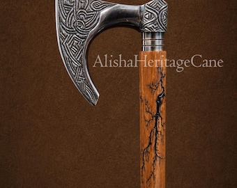 Viking Axe Walking Cane: Carved Brass Handle, Steampunk Wooden Walking Stick, Gothic Gentlemen Gift